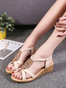 女士交叉带串珠凉鞋，露趾踝带百搭旅行休闲一脚蹬厚底坡跟凉鞋