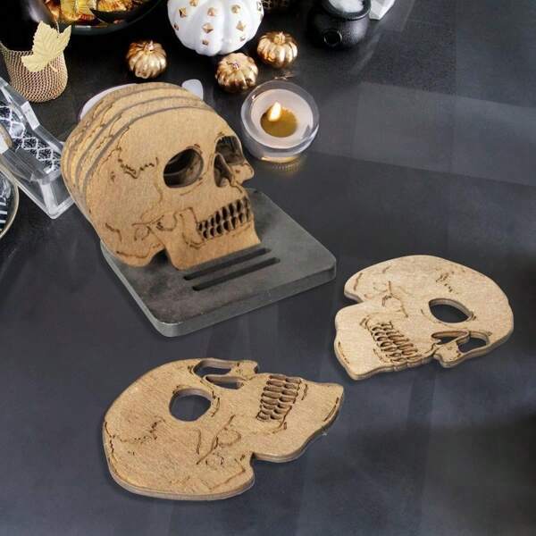 7-Piece Halloween Wooden Skull Coasters - Spooky Festive Tabletop Decor With Exquisite Carving, Anti-Slip & Absorbent Drink Coasters For Kitchen, Workbench, Halloween Parties, Dances & Themed Events
