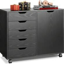 Dresser 5-Drawer Wood Chest For Home Office With Door, Mobile Storage Cabinet And Printer Stand - màu đen - Xem 4