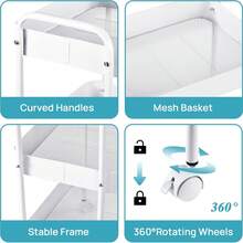 3-Tier Metal Rolling Storage Cart With Lockable Wheels - Multi-Functional Mobile Storage Organizer For Kitchen, Bathroom, Office, Workshop - White, Durable Structure, Easy To Assemble, Narrow Storage Cart - 白色 - 查看 6
