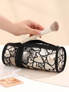Estojo multifuncional de malha para lápis e pincéis de maquiagem, bolsa transparente para cosméticos com zíper cilíndrico, porta-canetas de dupla utilização ou bolsa para deitar com design de coração de veludo, bolsa de papelaria de grande capacidade para adolescentes, bolsa portátil dobrável para lápis e viagens escolares e de escritório, material de volta às aulas, bolsa de maquiagem de malha - Multicolorido - Ver 9