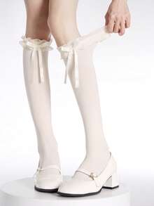 1 Pair Bowknot Ribbon Thigh High Socks, Sweet Lolita Style Thin Long Socks For Women, Summer, Y2k - Multicolor - View 3