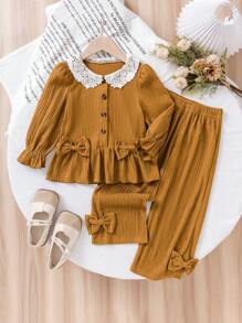 Conjunto de cuello de encaje de estilo vintage color caramelo para niña, conjunto texturizado color caramelo, cuello de encaje oversize + acento de moño, suave y dulce para la escuela diaria o salidas de fin de semana, otoño/invierno
