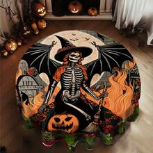 1pc Round Tablecloth, Must-Have For Halloween! Pumpkin + Bat Elements, Ideal For Dark Party Atmosphere, Suitable For Daily Home, Living Room, Dining Room, Theme Party Events, Washable And Reusable