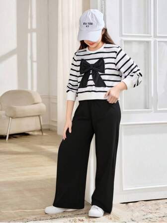 2pcs/Set Girls' Fashion New Bow Decor Striped Long Sleeve Sweatshirt And Casual Versatile Black Wide Leg Pants Set, Autumn