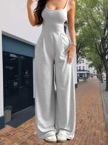 Grey Romper, Women'S Casual Loose Overalls Jumpsuits One Piece Sleeveless Wide Leg Long Pant Rompers, Grey Jumpsuit For Women, Light Weight Overalls For Women - 灰色 - 查看 3