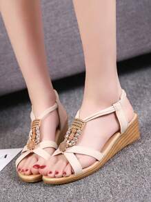 女士交叉带串珠凉鞋，露趾踝带百搭旅行休闲一脚蹬厚底坡跟凉鞋