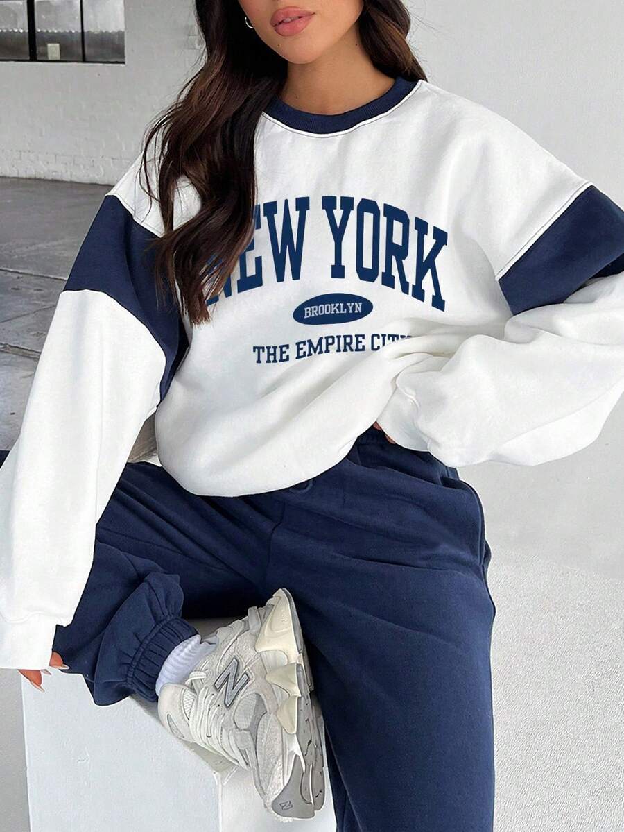 2 pezzi Set da donna con felpa girocollo a maniche lunghe + pantaloni jogger con coulisse, stampa a lettere, tessuto lavorato a maglia casual con tasche, morbido e confortevole, outfit adatto per il ritorno a scuola - Blu Navy - Visualizzare 1