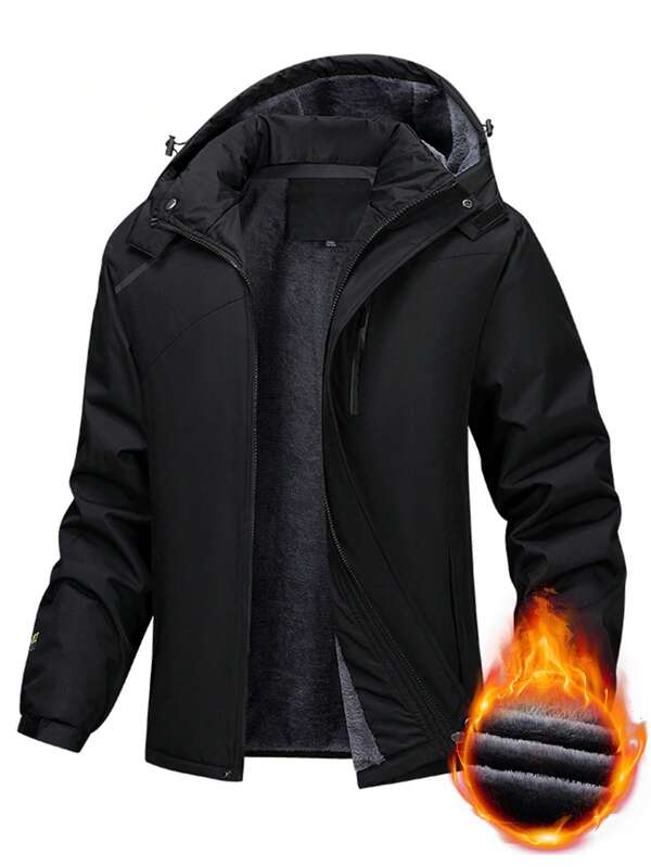 Men's Thick Warm Padded Jacket With Detachable Hood, Windproof Fleece Lined Coat For Autumn/Winter