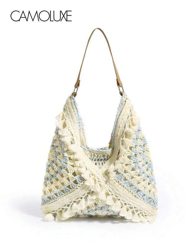 Handmade Casual Vacation Minimalist Tote Bag, Light Blue Woven Dumpling Bag, Fashion Handbag, Paired With Solid Color Lace, Suitable For Women's Daily Commute, Shopping, Travel, Gathering, Girls' Night Out, Festivals, Birthday Gifts And Parties, Valentine's Day Gifts
