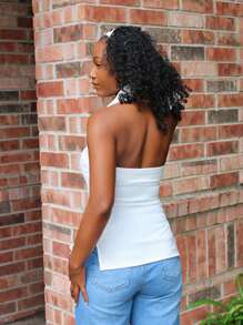 Steph T 纯色开叉下摆抹胸，女士休闲开叉露肩修身白色纯色女式上衣，春夏，休闲日常穿着