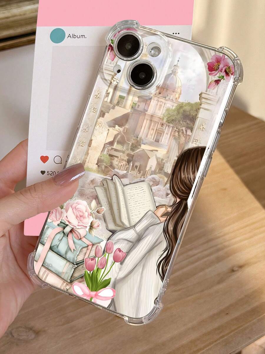 1 chiếc ốp lưng điện thoại trong suốt chống trượt, chống sốc, mềm mại, họa tiết sách thư viện, cô gái uống cà phê, khẩu hiệu, tương thích với iPhone 11/12/13/14/15/16 Pro Max, chống nước, chống rơi, chống trầy xước, phiên bản quốc tế, không phải phiên bản nội địa. - Nhiều màu - Xem 1