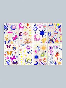 8 Sheets Y2K Glam Neon Glow Temporary Tattoos, Blacklight Body Art Stickers, UV Light Glow Tattoo Stickers, Perfect For Night Parties & Halloween, Assorted Designs For Music Festival And Party Body Make - Multicolor - View 7