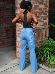 Steph T Body de mujer negro sexy con cuello en V profundo, drapeado, espalda abierta y cuello halter, de diseño minimalista, cómodo y versátil, adecuado para primavera y verano, ajuste ceñido y elástico