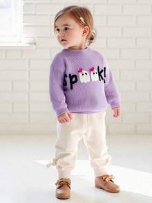 Toddler Baby Girls Halloween Knit Sweater Long Sleeve Letter Ghost Embroidery Crewneck Pullover Sweater Tops Infant Halloween Clothes - Màu tím - Xem 3