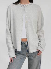 Women Y2k Crew Neck Cardigan Sweater Long Sleeve Button Down Solid Color Top Fall Casual Vintage Lightweight Knitwear - Màu Xám nhạt - Xem 2