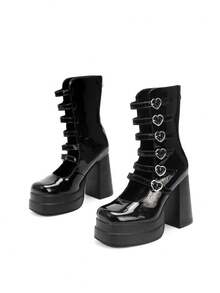 Waterproof High Heel Boots With Square Toe, Chunky Heel And Six Rows Of Hollow Out Heart Buckles Valentines - Black - View 6