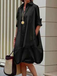2025 New Knee Length Shirt Dress Lapel Collar Long Sleeves Buttoned Loose Fit Dress For Women - màu đen - Xem 1