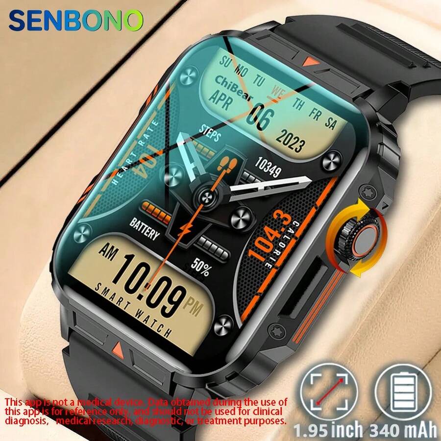 Senbono智能手錶（支援撥打/接聽電話）1.95英寸高清觸控屏幕,具備心率/睡眠/血氧監測和多種運動模式的健身追蹤器,適用於男女運動員的智能手表