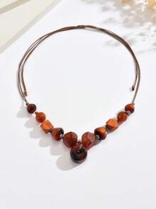 1 件波西米亚复古木质八角形串珠手工吊坠项链，夸张短款颈链，适合女士