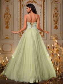 VIPGIRL 浅绿色亮片吊带薄纱礼服，开衩设计，优雅A字型及地公主风舞会礼服，适合选美比赛、伴娘、晚宴、婚礼和其他正式场合。 - 青檸色 - 查看 2