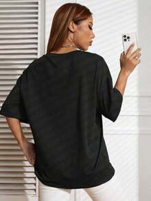 Camiseta de mujer con estampado de cornamenta en pico de montaña, holgada Casual Crew Neck Short Sleeve Home Top - Negro - Ver 2