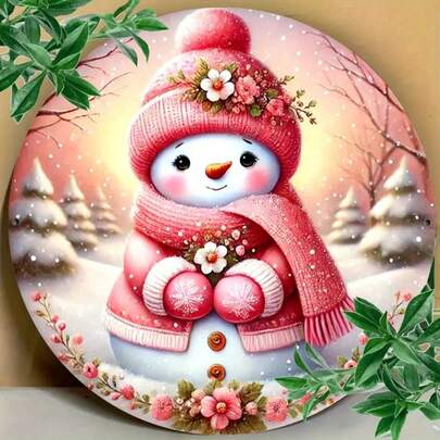 1pc Flat 2D Printed Metal Sign, Snowman Christmas Theme - Iron Holiday Wall Decor Plaque For Home And Office - Circular Wreath Sign For Holiday Wall Decor, Random Hole Positions