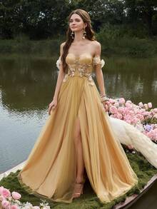 Faeriesty Robe de soirée élégante à épaules dénudées, dos nu et fente haute en mousseline de soie coupe évasée. Parfaite pour les grands galas, les réceptions de mariage de luxe, les premières d'opéra, les grands événements de bienfaisance, les fêtes du Nouvel An et autres occasions formelles. - Champagne - Voir 8