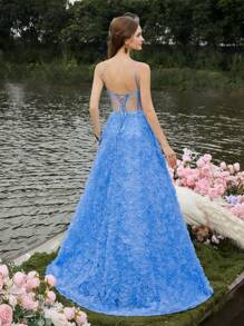 Faeriesty Luxe Elegant Women's Ball Gown Dress With Thin Straps, Back Tie-Up And A-Line Skirt - Perfect For Formal Events, Galas, Ballroom Dances, High-End Parties, And Wedding Receptions. - Blue - View 2