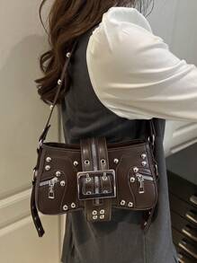 时尚铆钉女士单肩包腋下包新月包腰带夹摩托车包