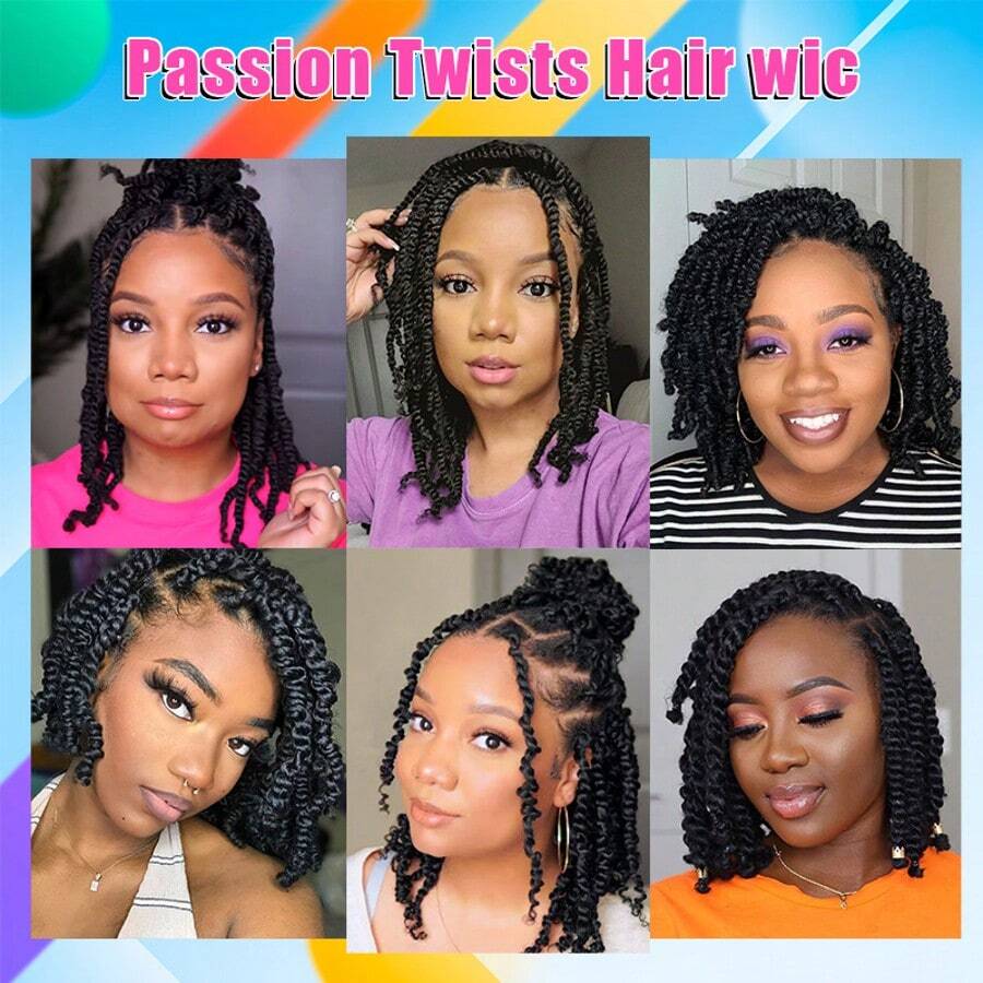 DWNSEN 14 Inch Summer Breathable Short Wig Fancy Hair Full Lace Short Passion Twist Wig With Baby Hair Lace Front Knotless Braided Twist Wig For  Women (Natural Black)