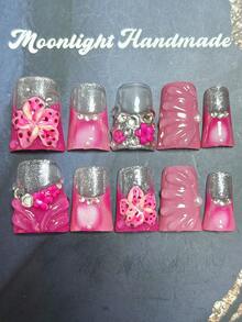 10pcs Handmade Y2K Style Short Duckbill Nails With Pink Gradient French Tips, 3D Rhinestones, And 3D Floral Embossed Nail Art Decorations - Perfect For Parties, Balls, And Casual Attire - 珊瑚粉 - 查看 1