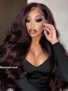 7英寸x5英寸蕾丝前假发，紫色/黑色/樱花色，蓬松波浪卷发，带修饰脸型的层次感，预剪裁、预漂白、预拔毛，无需胶水，100%真人发，不打结，隐形抽绳设计，Unice Wigs出品 - SPurple - 查看 6