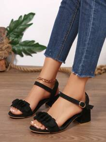 1 Pair Round Toe Floral Suede High Heel Sandals For Teenage Girls, 5cm Heel Height, Comfortable PU Non-Slip Wear-Resistant, Cute Princess Style Suitable For School, Party, Holiday, Spring/Summer