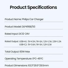 PHILIPS 飞利浦车载充电器，2 件装 60W 最大快速充电双端口 USB 适配器，适用于 15/15 Pro Max、14/13/12 系列、Galaxy S23/22、Pixel