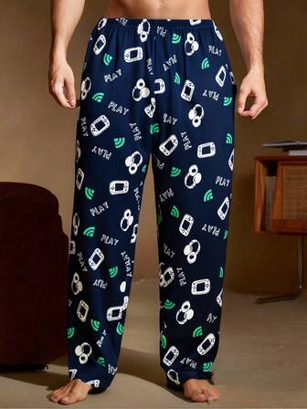 Soft, Lightweight Men's Gaming-Themed Comfort Pajama Pants - Polyester Blend Lounge Pants With Elastic Waistband, Black With Colorful Game Controller Prints, Casual Wear Or Sleepwear, Loungewear Pants, Playful Print Pants, Smooth Texture Fabric, Fall & Winter