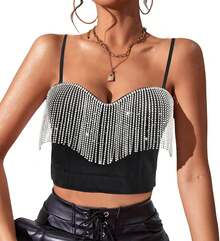Camisola de corsé corta con borlas de diamantes de imitación para mujer, camisola sexy de color liso, sin espalda y a la moda - Negro - Ver 5