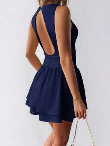 Women's Solid Color Backless Fitted Christmas Dress - Navy - View 2