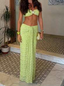 Women Summer Outfits Cute Shells Crop Bandeau Tops And Elastic Tie Front Skirt Set For Streetwear Aesthetic Clothes - màu xanh lá - Xem 2