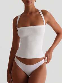 XLLAIS 性感露背针织吊带衫，全白款，秋季女装，弹力休闲修身款女士吊带背心 - 白色 - 查看 9