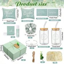 54 piezas de regalos para propuesta de damas de honor, set de regalo para damas de honor que incluye caja de regalo, bolsa de maquillaje, tarjeta de invitación, vaso de vidrio, bálsamo labial, coletero, diadema con nudo para el cabello para bodas (Verde) - Verde, blanco - Ver 6