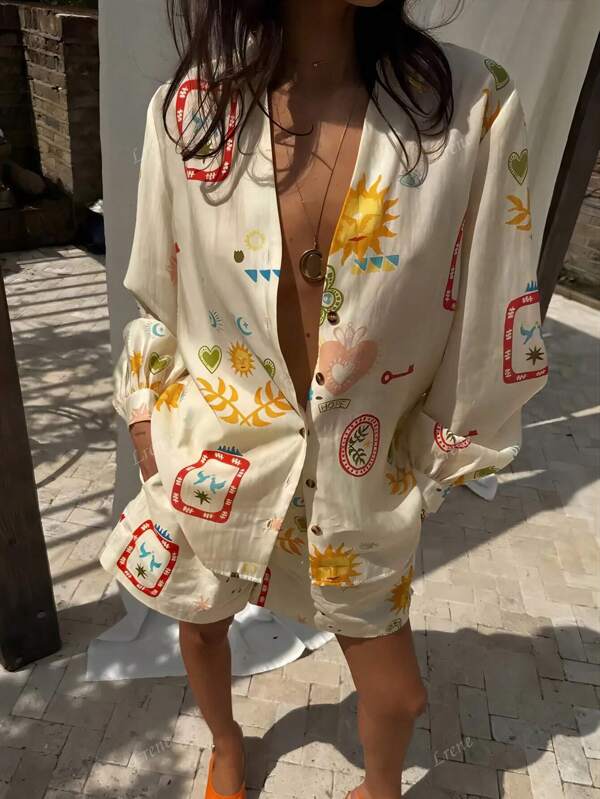 2pcs Set Casual Club Outfit Long Sleeve V-Neck Bohemian Printed Button Top And Wide Leg Shorts, Vacation Beach Wear With Letter, Cloud, Elephant Graphic, Cute & Casual