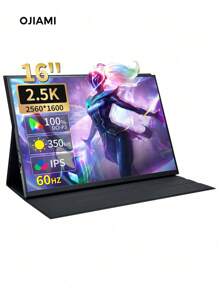 2.5K 16-Inch 60hz 2560*1600P Brightness 350cd/㎡ 100%SRGB 350nits High Refresh 16:10 Material Aluminum Built-In Speaker, Gaming/Ultra-Thin Portable Monitor Second Screen Console For PS/Laptop/Mobile Phone, No Adapter
