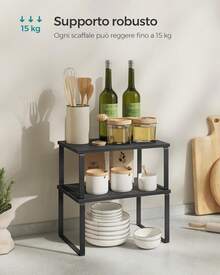 Scaffale Portaspezie, Set di 2 Organizzatori da Cucina Espandibili, Scaffale da Cucina Impilabile, Metallo e Legno Ingegnerizzato,Nero Inchiostro e Nero Ebano - nero - Visualizzare 2