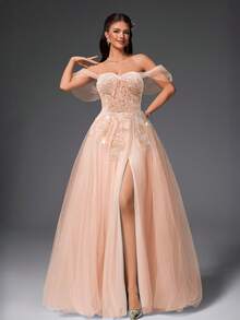 VIPGIRL 粉色露肩薄纱贴花舞会礼服，甜心A字开衩正式晚礼服，女士公主舞会礼服，适合毕业典礼、庆典、婚礼宾客 - 淺粉色 - 查看 5