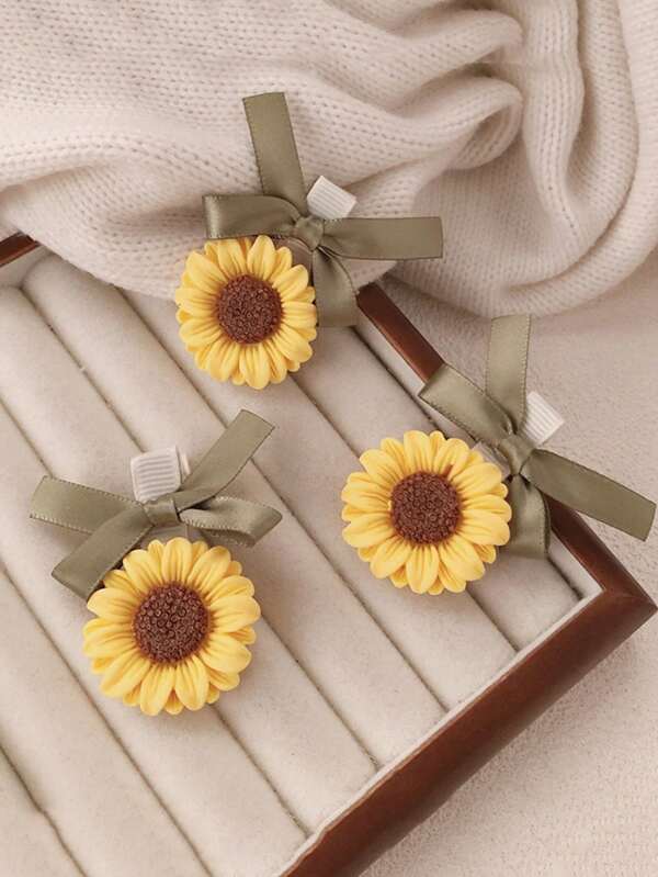 3pcs/Set Elegant Sunflower Bow Hair Clips, Side Bangs Hair Accessories, Claw Clips, Hair Claws, Clips For Hair, Hair Slide, Hair Barrettes