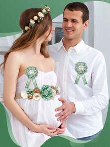 三件套 - 孕妇托腹带，花卉图案，适合准父母在性别揭晓仪式、迎婴派对、孕期配饰、胸针或装饰品上佩戴。 - 綠色 - 查看 4