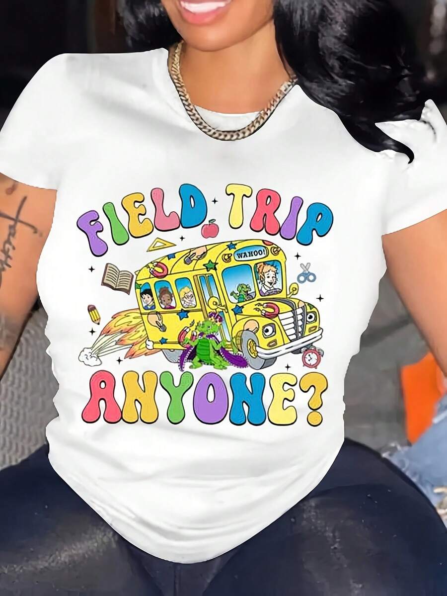 Field Trip Anyone Shirt, School Trips Shirt, Teacher Magic School Bus, Field Day Teacher Shirt, Seatbelts Everyone, Frizzle, Teacher Shirt,Oversized Graphic Tshirts For Women,Cotton Graphic Tee Fo - 白色 - 查看 1