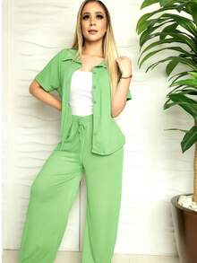 ✨ CONJUNTO 2 PIEZAS: BLUSA MANGA CORTA + PANTALÓN ✨ ¡Estilo, comodidad y elegancia en una sola prenda! - Verde Lima - Ver 3