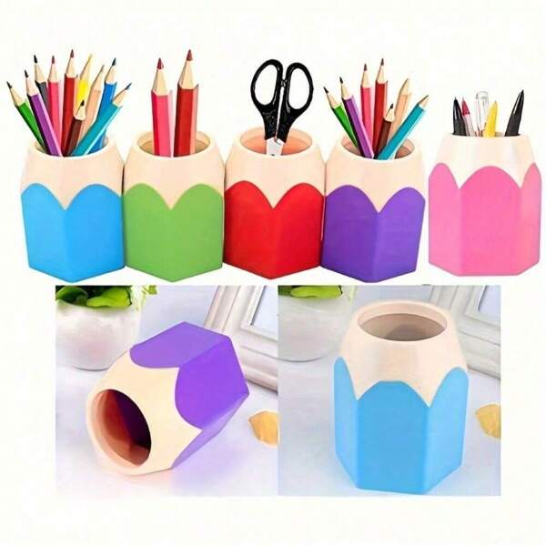 1PC Pencil Shaped Pen Holder - Cute Desktop Pen Cup & Makeup Brush Container, Multi-Functional Pencil Pot Stationery Rack - For School Supplies, Office Desk, Vanity Table Organization - Novelty Pencil Storage - Cosmetic Brush Holder - Study Room Decor - Creative Desk Organizer - Giftable Workspace Accessory